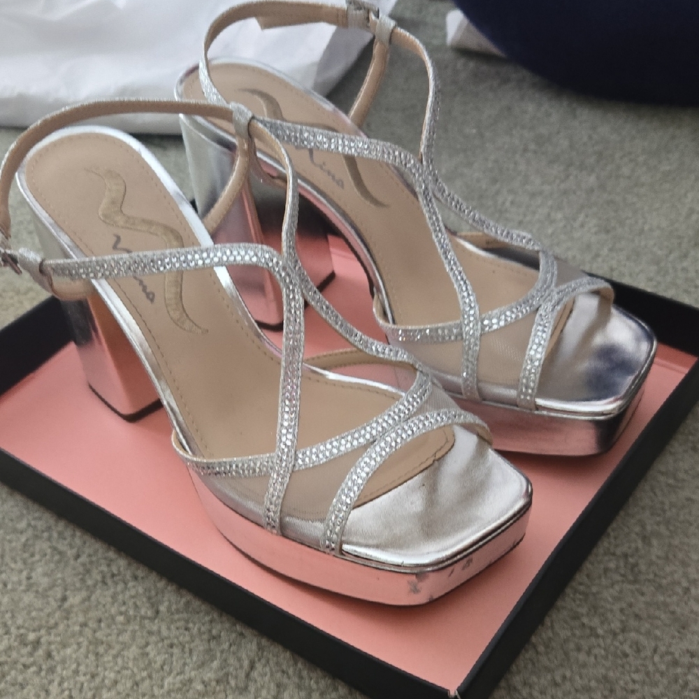 Silver Metallic Strappy Platform Heels NINA